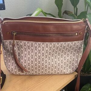 Fossil Brown and Cream Monogram Crossbody Bag